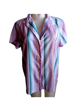 Women's large Vintage 70's Striped Button-Up Blouse Pastel Purple/Teal Stripes